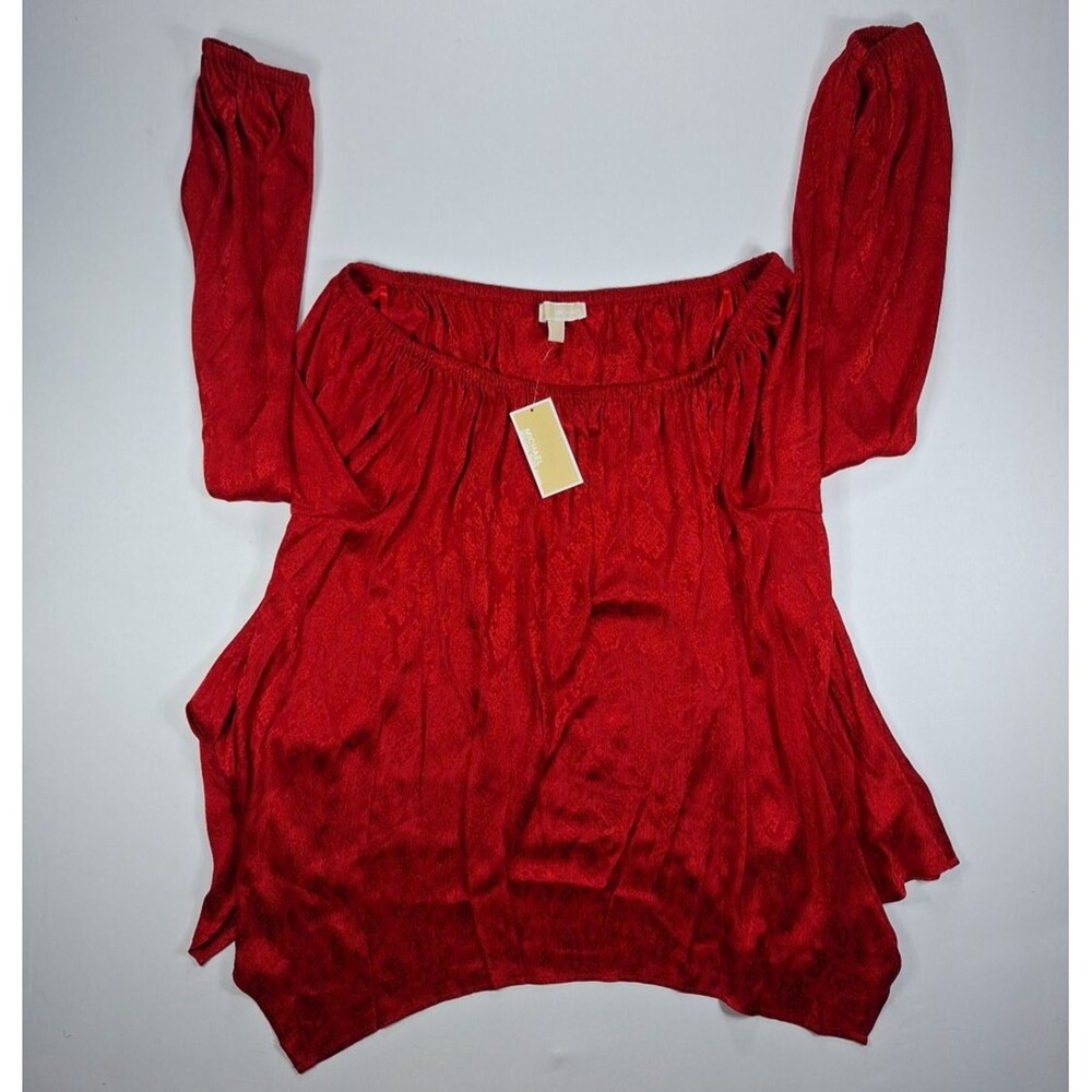Michael Kors Womens Plus Size 3X Red Crimson Boatneck Blouse Cuff Sleeve NWT